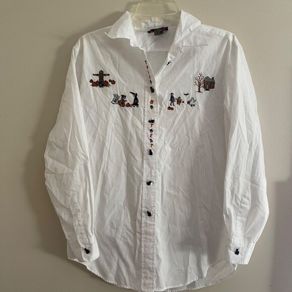 VTG Charter Club Womens Button Down Halloween Embroidered Shirt Cats Pumpkins Sz - Picture 1 of 8